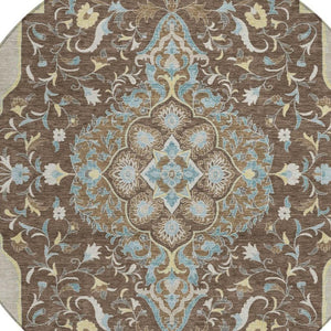 8 Ft Round Medallion Polyester Rug Stain Resistant Indoor Outdoor Brown Beige