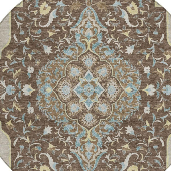 8 Ft Round Medallion Polyester Rug Stain Resistant Indoor Outdoor Brown Beige