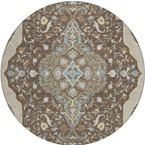 8 Ft Round Medallion Polyester Rug Stain Resistant Indoor Outdoor Brown Beige