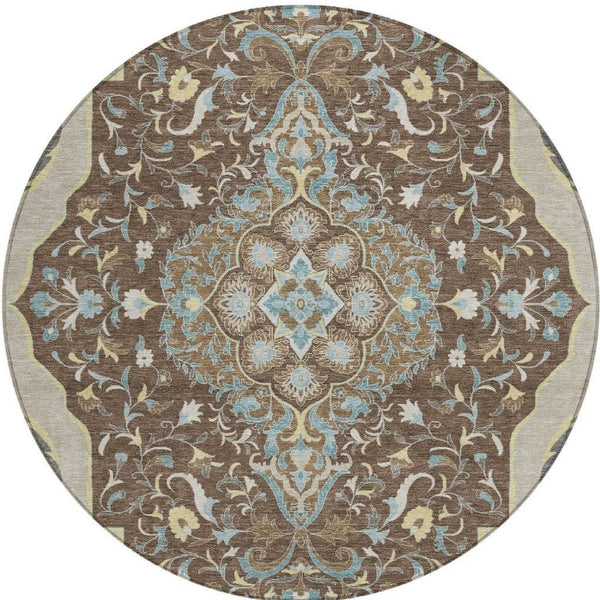 8 Ft Round Medallion Polyester Rug Stain Resistant Indoor Outdoor Brown Beige