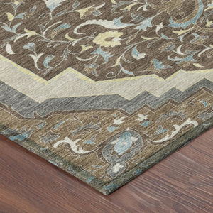 8 Ft Round Medallion Polyester Rug Stain Resistant Indoor Outdoor Brown Beige