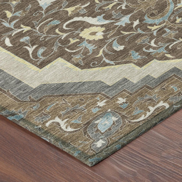 8 Ft Round Medallion Polyester Rug Stain Resistant Indoor Outdoor Brown Beige