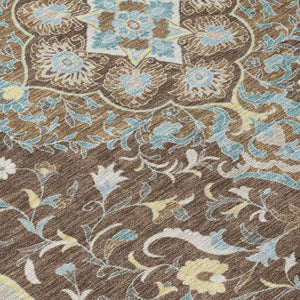 8 Ft Round Medallion Polyester Rug Stain Resistant Indoor Outdoor Brown Beige