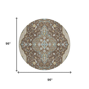 8 Ft Round Medallion Polyester Rug Stain Resistant Indoor Outdoor Brown Beige