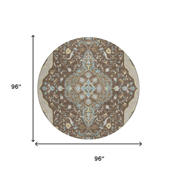 8 Ft Round Medallion Polyester Rug Stain Resistant Indoor Outdoor Brown Beige