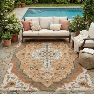 5 X 8 Medallion Washable Polyester Area Rug for Indoor Outdoor Living Spaces