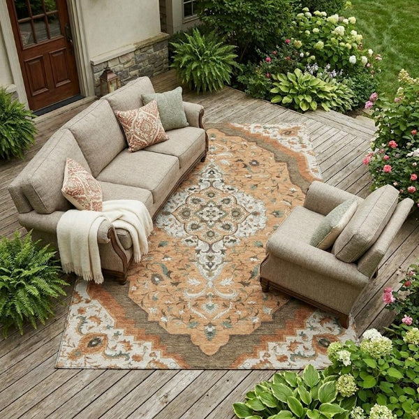 9x12 Copper Blue Medallion Polyester Rug Stain Resistant for Patio or Living Room
