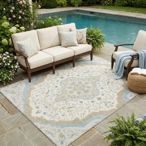 5x8 Medallion Polyester Area Rug Washable Stain Resistant Indoor Outdoor Ivory Taupe