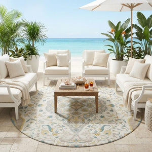 8 Ft Round Medallion Polyester Rug Washable Stain Resistant Ivory Taupe Patio