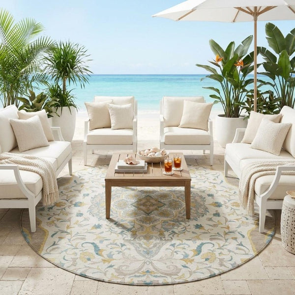 8 Ft Round Medallion Polyester Rug Washable Stain Resistant Ivory Taupe Patio