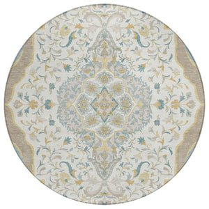 HomeRoots 8 Ft Round Medallion Polyester Rug Washable Stain Resistant Ivory Taupe Patio 737869