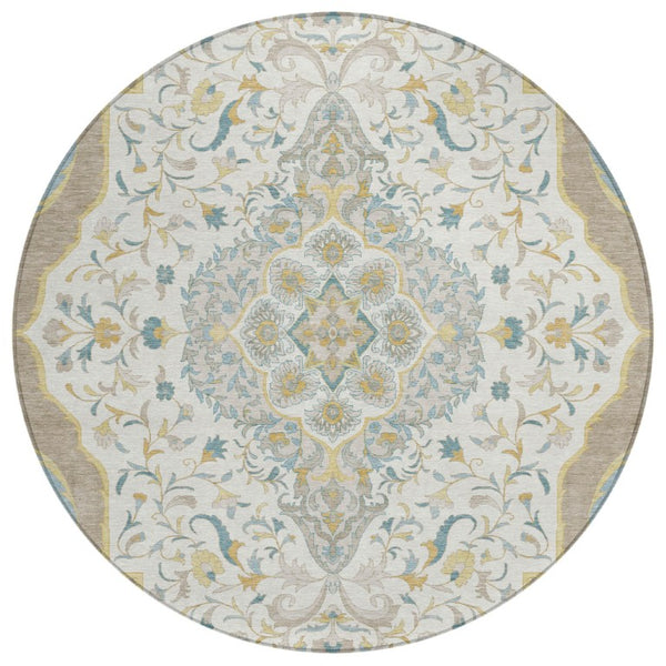 HomeRoots 8 Ft Round Medallion Polyester Rug Washable Stain Resistant Ivory Taupe Patio 737869