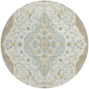 8 Ft Round Medallion Polyester Rug Washable Stain Resistant Ivory Taupe Patio