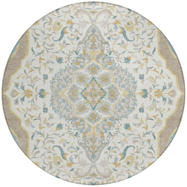 8 Ft Round Medallion Polyester Rug Washable Stain Resistant Ivory Taupe Patio
