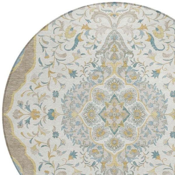 8 Ft Round Medallion Polyester Rug Washable Stain Resistant Ivory Taupe Patio