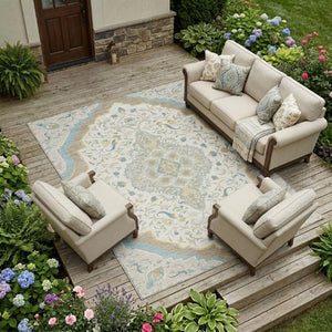 8x10 Ivory Taupe Medallion Polyester Area Rug Stain Resistant for Patio or Living Room