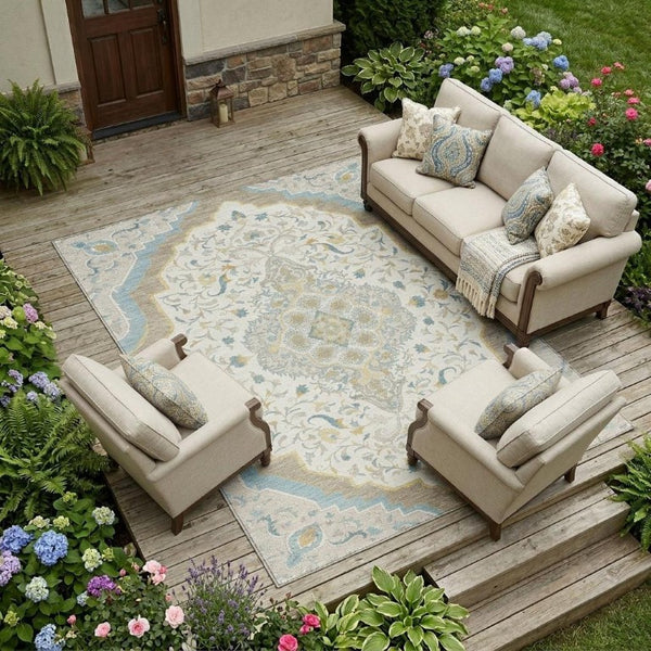 8x10 Ivory Taupe Medallion Polyester Area Rug Stain Resistant for Patio or Living Room
