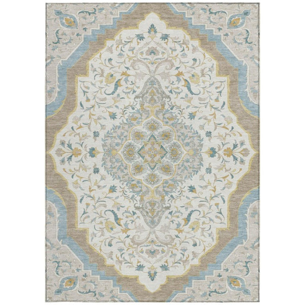 8x10 Ivory Taupe Medallion Polyester Area Rug Stain Resistant for Patio or Living Room