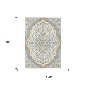 8x10 Ivory Taupe Medallion Polyester Area Rug Stain Resistant for Patio or Living Room