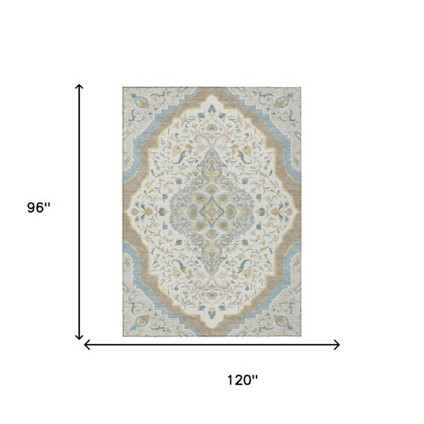8x10 Ivory Taupe Medallion Polyester Area Rug Stain Resistant for Patio or Living Room