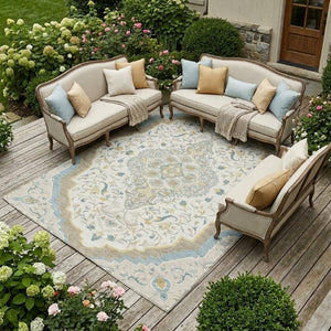 9x12 Ivory Taupe Medallion Polyester Area Rug Washable Stain Resistant Indoor Outdoor