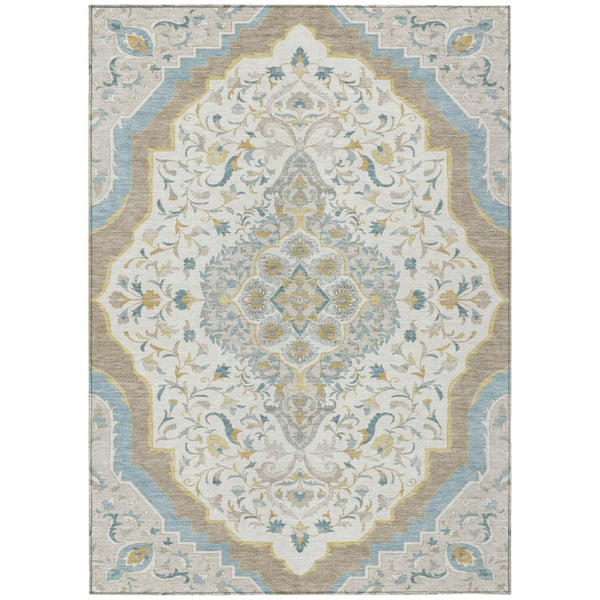 HomeRoots 9x12 Ivory Taupe Medallion Polyester Area Rug Washable Stain Resistant Indoor Outdoor 737871