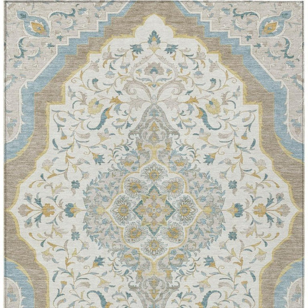 9x12 Ivory Taupe Medallion Polyester Area Rug Washable Stain Resistant Indoor Outdoor