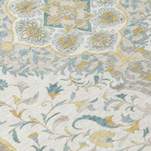 9x12 Ivory Taupe Medallion Polyester Area Rug Washable Stain Resistant Indoor Outdoor