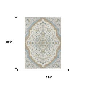 9x12 Ivory Taupe Medallion Polyester Area Rug Washable Stain Resistant Indoor Outdoor