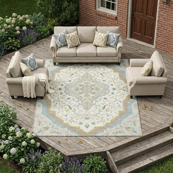 10 X 14 Ivory Taupe Medallion Polyester Area Rug Stain Resistant Indoor Outdoor