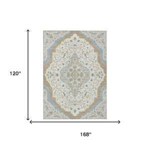 10 X 14 Ivory Taupe Medallion Polyester Area Rug Stain Resistant Indoor Outdoor