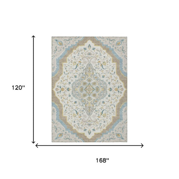 10 X 14 Ivory Taupe Medallion Polyester Area Rug Stain Resistant Indoor Outdoor
