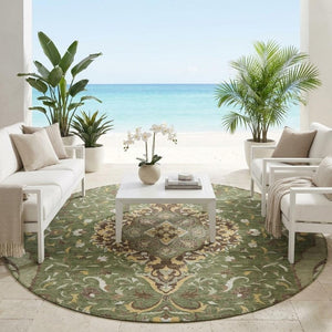 8 Ft Round Medallion Rug Olive Taupe Washable Polyester for Patio or Family Room
