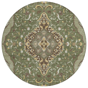 HomeRoots 8 Ft Round Medallion Rug Olive Taupe Washable Polyester for Patio or Family Room 737875