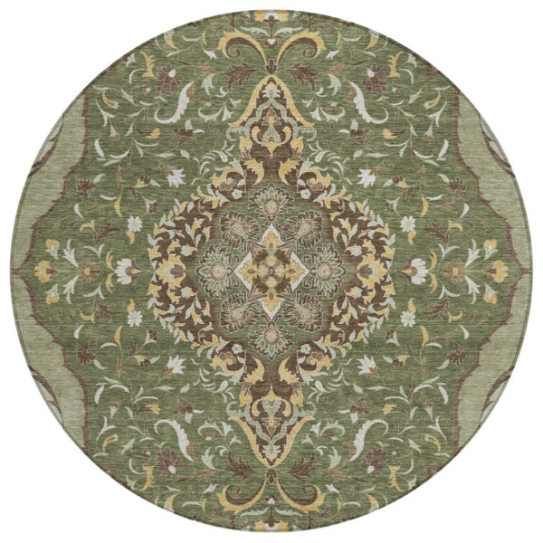 HomeRoots 8 Ft Round Medallion Rug Olive Taupe Washable Polyester for Patio or Family Room 737875