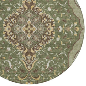 8 Ft Round Medallion Rug Olive Taupe Washable Polyester for Patio or Family Room