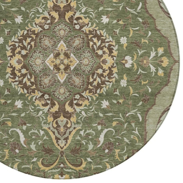 8 Ft Round Medallion Rug Olive Taupe Washable Polyester for Patio or Family Room