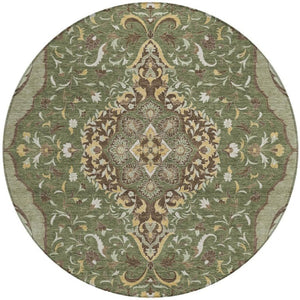 8 Ft Round Medallion Rug Olive Taupe Washable Polyester for Patio or Family Room