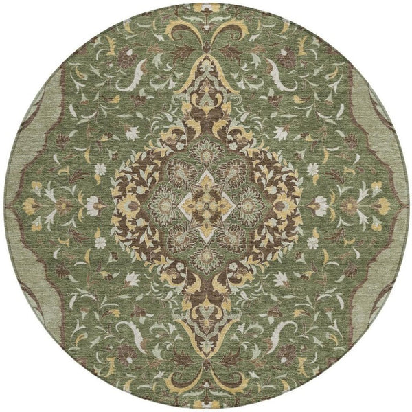 8 Ft Round Medallion Rug Olive Taupe Washable Polyester for Patio or Family Room