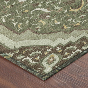 8 Ft Round Medallion Rug Olive Taupe Washable Polyester for Patio or Family Room