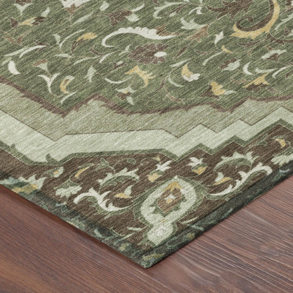8 Ft Round Medallion Rug Olive Taupe Washable Polyester for Patio or Family Room
