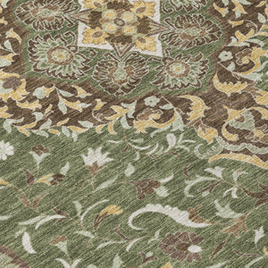 8 Ft Round Medallion Rug Olive Taupe Washable Polyester for Patio or Family Room