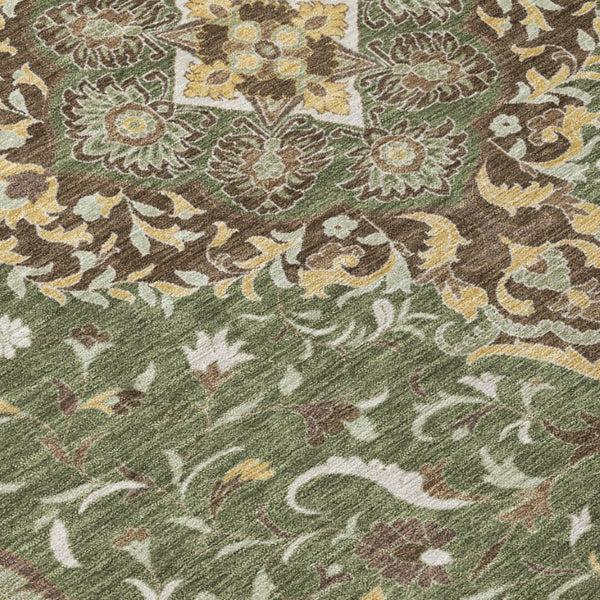 8 Ft Round Medallion Rug Olive Taupe Washable Polyester for Patio or Family Room