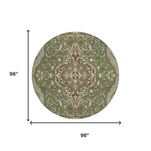 8 Ft Round Medallion Rug Olive Taupe Washable Polyester for Patio or Family Room