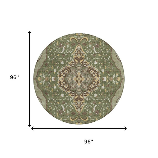8 Ft Round Medallion Rug Olive Taupe Washable Polyester for Patio or Family Room
