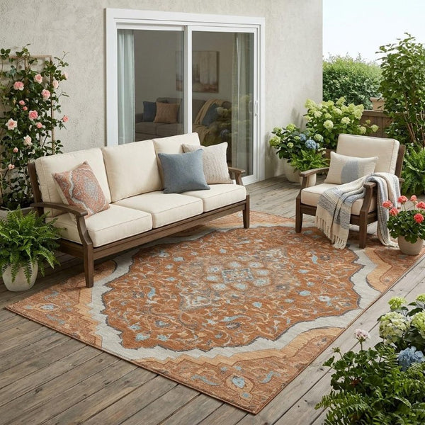 5 X 8 Medallion Polyester Area Rug Washable Stain Resistant for Patio or Living Room