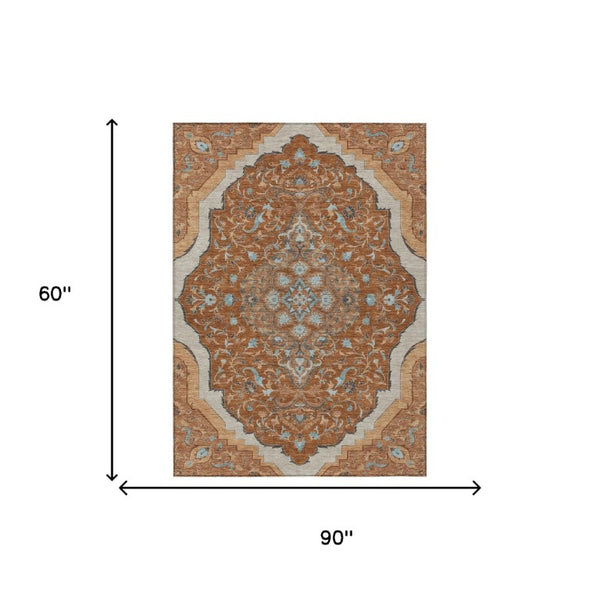5 X 8 Medallion Polyester Area Rug Washable Stain Resistant for Patio or Living Room