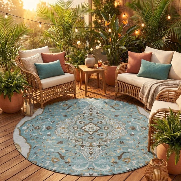 8 Ft Round Medallion Polyester Area Rug Teal Brown Washable Indoor Outdoor Patio