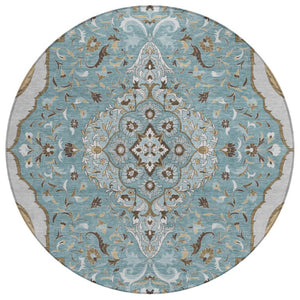 HomeRoots 8 Ft Round Medallion Polyester Area Rug Teal Brown Washable Indoor Outdoor Patio 737887