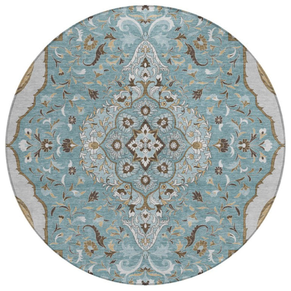 HomeRoots 8 Ft Round Medallion Polyester Area Rug Teal Brown Washable Indoor Outdoor Patio 737887